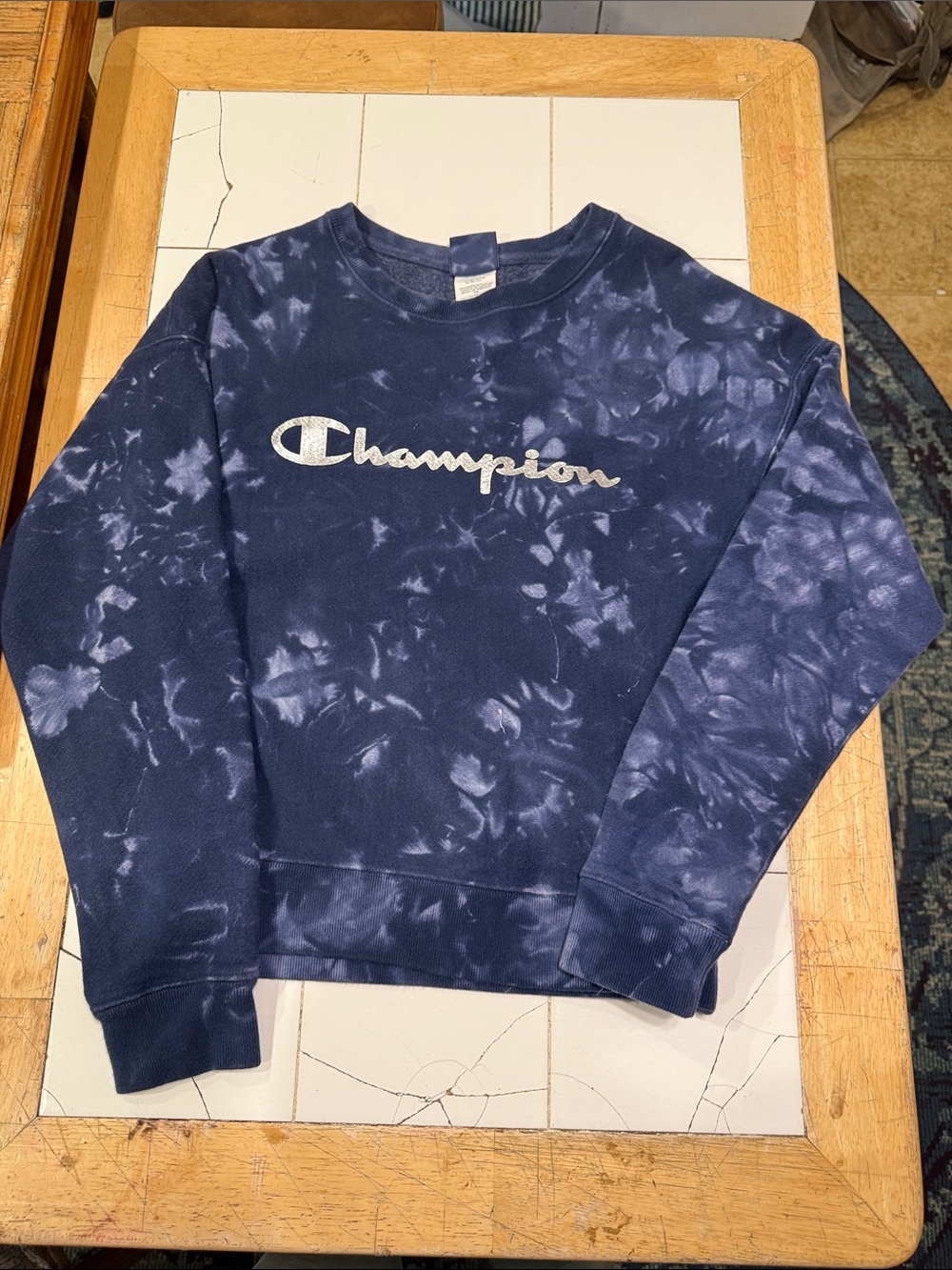 Champion Men's Navy Tie-Dye Crewneck with White Logo